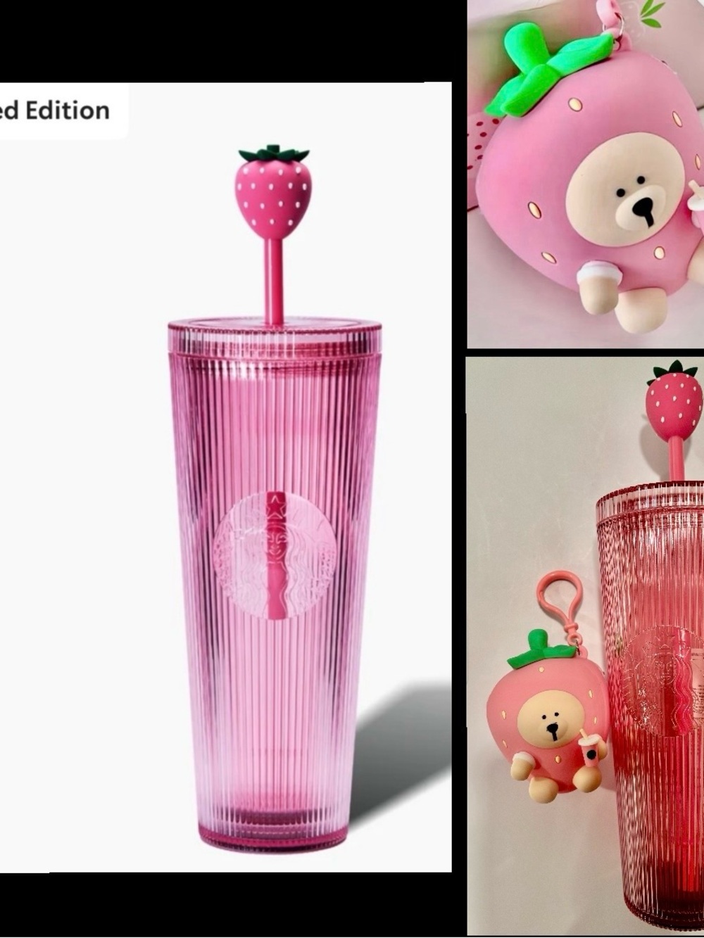 Starbucks 2026 Strawberry 24oz Tumbler / silicone Barista Bear zipper clip / NEW